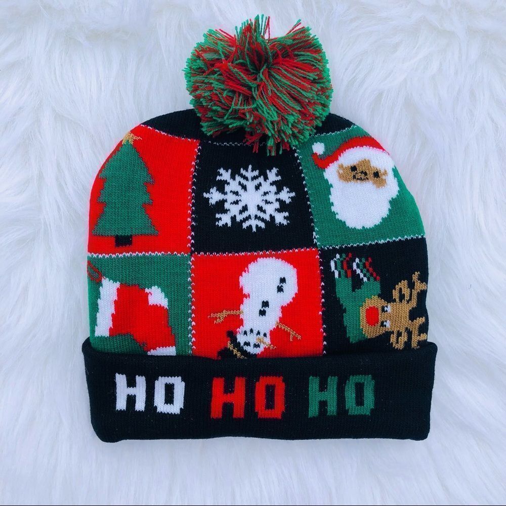 LED Light-Up Christmas Beanie Unisex One Size 'Ho Ho Ho' Holiday Hat New